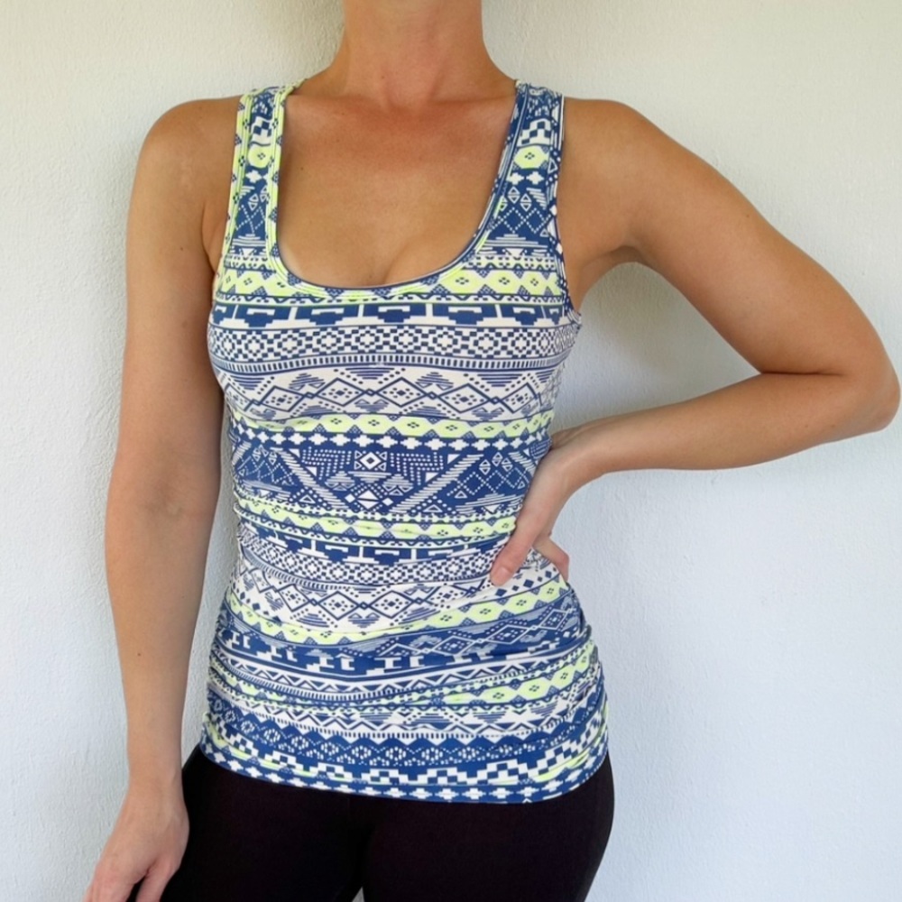 Derek Heart blue yellow neon tribal print stretch bodycon racerback tank medium